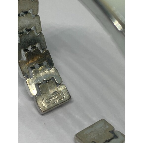 Vintage Monet Silver Tone Cuff Bracelet With Mother Of Pearl & Rhinestones - Picture 4 of 4